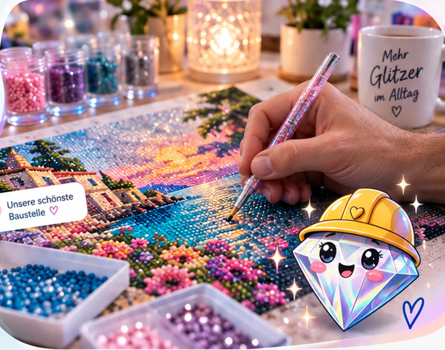 Bunte Diamond-Painting-Baustelle mit Steinchen, Stift und einem fröhlichen Diamanten mit Bauhelm