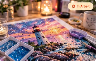 Beispielmotiv: Diamond Painting in Arbeit mit Stift und Sortierschale