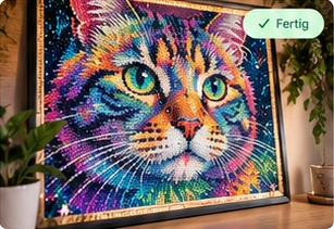 Beispielmotiv: farbenfrohes Katzenporträt aus Diamond-Painting-Steinchen